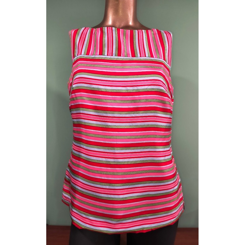 Talbots Pink Red Striped 100% Silk Lined Sleeveless Shell Blouse Top Size 4